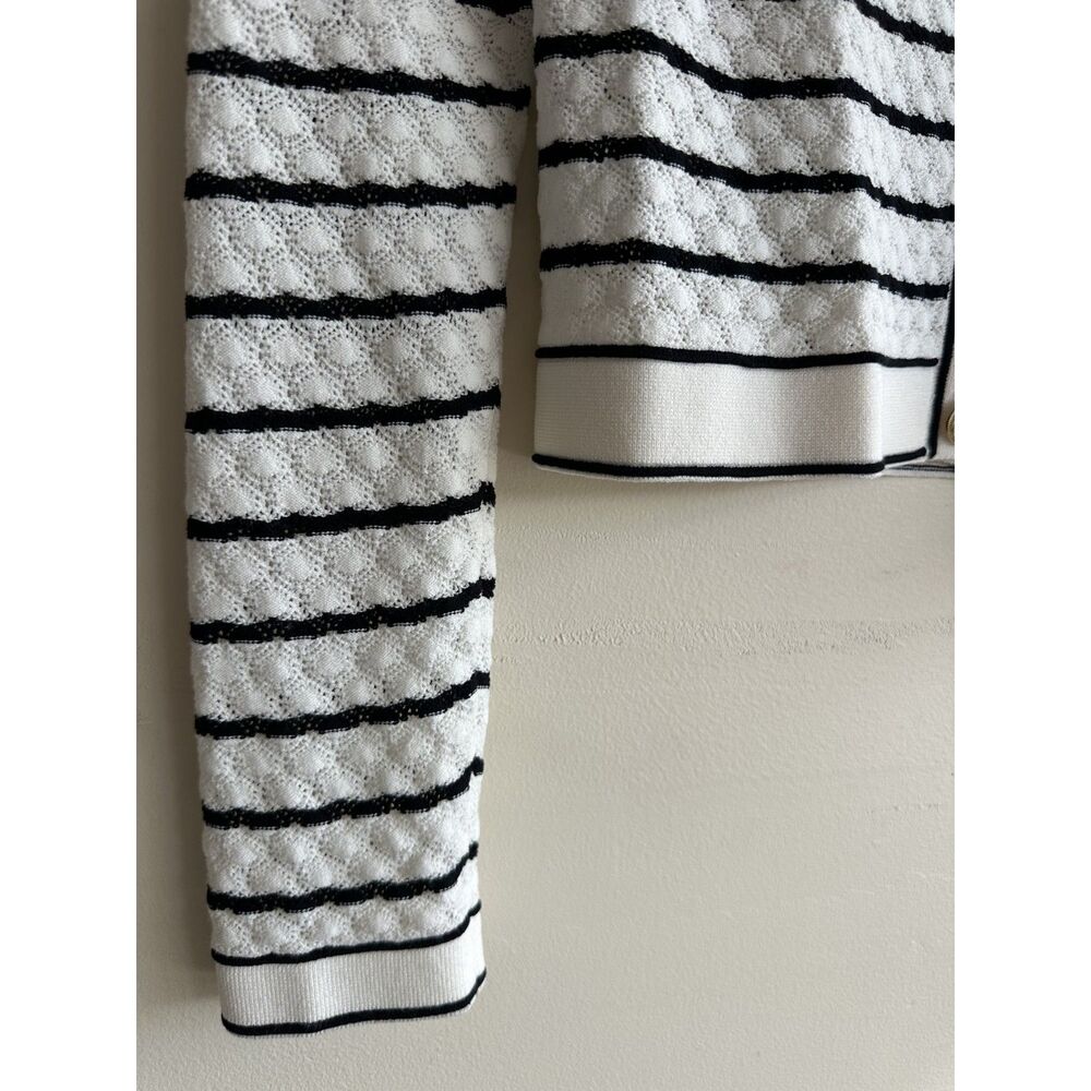 Ann Taylor SP Black White Striped Pointelle Knit Lady Jacket Cardigan - Picture 3 of 13